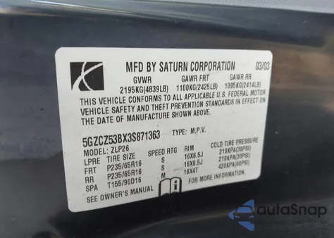 2003 Saturn Vue V6 из США, поврежденный, VIN 5GZCZ53BX3S871363